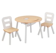 a table and two chairs are shown with white legs on each chair, which is also made out of plywood