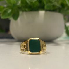 + Metal: 18kt Gold Vermeil + Stones: Semi Precious + Signet Face Size: .50" + Size 7, Brand New! Green 14k Gold Signet Ring With Bezel Setting, Green Signet Ring With Bezel Setting For Gift, Yellow Gold Emerald Signet Ring Gift, Classic Green Jewelry With Polished Finish, Classic Green Rings For Everyday Wear, Classic Green Rings For Everyday, Classic Everyday Green Rings, Classic Green Everyday Jewelry, Timeless Green Signet Ring With Polished Finish