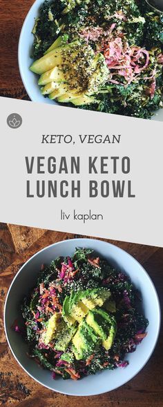 a bowl filled with broccoli and other veggies next to a sign that says vegan keto lunch bowl