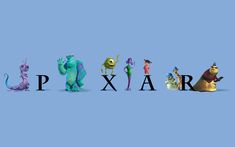 the pixar characters are lined up to spell out pixar