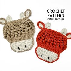 two crocheted hats are shown on a white background with the words crochet pattern