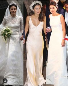 four different pictures of the same woman in white dresses and tiaras, one is wearing a wedding dress