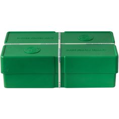 three green plastic boxes with white tape on the top and bottom, one is empty