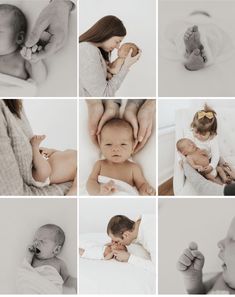 a collage of photos with babys and their mother's hands on them