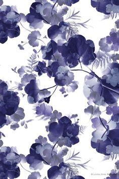 blue flowers and leaves on a white background with watercolor effect in shades of purple