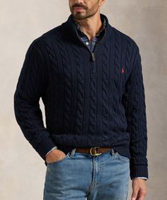 Polo Ralph Lauren Cotton Cable Half-Zip Pullover Sweater - Westport Big & Tall Polo Ralph Lauren Mens Outfit Style, Polo Quarter Zip Outfit, Men Quarter Zip Sweater Outfit, Ralph Lauren Men Aesthetic, Quarter Zip Sweater Outfit, Zip Sweater Outfit, Quarter Zip Outfit, Polo Quarter Zip, Classy Outfits Men