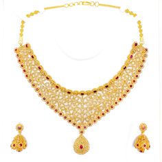 This necklace set, crafted in 22k yellow gold, weighs a substantial 90.0 grams and features a fascinating curved motif. It is richly adorned with uncut diamonds (Polki), totaling 24.78 carats, and rubies weighing 14.08 carats, creating a vibrant contrast. The set boasts a length of 16 inches, with a drop length of 1.25 inches, and is secured with a hook lock and adjustable links for a custom fit. Completing the ensemble are matching earrings, each 1.6 inches long, equipped with a screw back for Heavy 22k Yellow Gold Jewelry Sets, Heavy 22k Yellow Gold Temple Necklace, Hand Set Yellow Gold-plated Kundan Necklace, Gold Plated Yellow Gold Kundan Necklace, Hand Set Yellow Gold Plated Kundan Necklace, Gold Diamond Chandbali Necklaces, Gold Kundan Diamond Necklace In Temple Style, Hand Set 22k Gold Round Temple Necklace, Gold Chandbali Diamond Necklaces