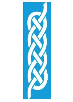 a blue and white bookmark with an intertwined design on the front, against a white background