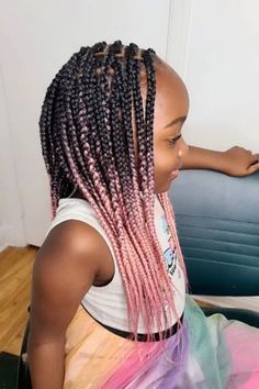 Box Braids for Kids Colored Braids For Kids, Unicorn Braids Kids, Kids Box Braids With Color, Pink Braids For Kids, Kids Braids With Color Hair, Single Braids For Kids, Box Braids Kids, Box Braids For Kids, Pink Box Braids