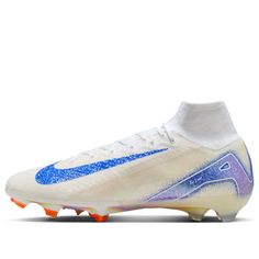 a white and blue soccer shoe on a white background