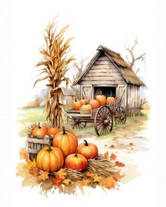 a painting of pumpkins and corn in front of an old wooden barn with a wagon