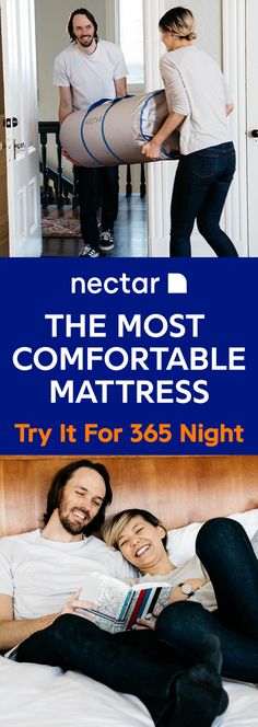 two people laying in bed with the caption reads, near the most comfortable mattresses try it for $ 69 night