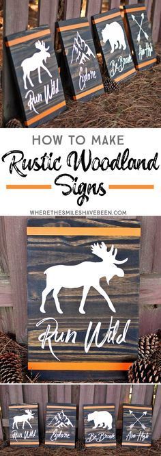 wooden signs with the words how to make rustic woodland signs in white and black on them