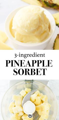 Top view of a white bowl full of pineapple sorbet. Fresh Pineapple Recipes, Homemade Sorbet, Sherbet Recipes, Pineapple Sorbet, Sorbet Ice Cream, Fruit Sorbet, Dairy Free Ice Cream, Pineapple Recipes, Homemade Ice Cream Recipes