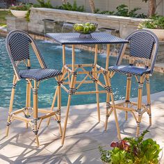 three chairs and a table in front of a pool