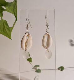 Beautiful cowrie shell and devon hand collected sea glass. Each earring are unique! and handmade in Devon! White Cowrie Shell Earrings For The Beach, Beach Earrings With Recycled Glass And Ear Wire, Handmade White Beachy Earrings, Glass Dangle Earrings For The Beach, White Recycled Glass Jewelry For The Beach, Beach Earrings With Sea Glass And Ear Wire, Beach Sea Glass Earrings With Ear Wire, Unique White Beach Earrings, Sea Glass Teardrop Earrings For Beach