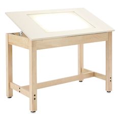 a wooden table with a white top and drawer on the bottom, in front of a white background