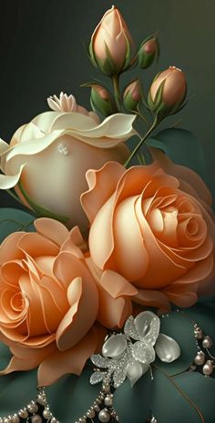 an artistic painting of roses and pearls