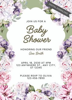 a baby shower is shown with flowers and leaves in the frame, as well as text