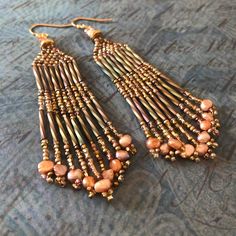 Seed Bead Antique Gold Freshwater Pearl Fringe Earrings - Etsy Bronze Dangle Beaded Earrings For Jewelry Making, Bohemian Gold Beaded Pearl Earrings, Pearl Fringe, Bead Work Jewelry, Freshwater Pearls Earrings, Bugle Beads, Earrings Wedding, Fringe Earrings, Chandelier Earrings