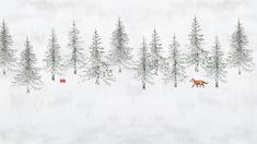 a red fox is walking through the snow in front of some trees and a house