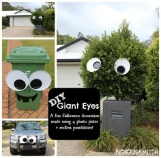 there is a green trash can with googly eyes on it's face, and the words giant eyes written in black