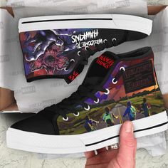 Stranger Things Hawkins High Top Shoes Custom Full canvas double sided print with rounded toe construction. Lace-up closure for a snug fit. Metal eyelets for a classic look Soft textile lining with lightweight construction for maximum comfort. High quality outsole for traction and exceptional durability. Please allow 7-10 business days to receive a tracking number while your order is hand-crafted, packaged and shipped from our facility. Size Chart: Stranger Things Merch Shoes, Stranger Things Sublimation Tumbler, Stranger Things Merch Blanket, Hellfire Shoes, Stranger Things Bff Necklaces, Custom Nike Shoes Stranger Things, Stranger Things Tree Topper, Max Shoes Stranger Things, Hellfire Club Shoes