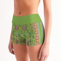 Lime green floral artwork is from the Victorian era book Grammar of Ornament by design theorist Owens Jones. The design has been reworked yet still shows the characteristics of a hand painted pattern. Our sleek and fitting Women's Mid-Rise Yoga Shorts comfortably move with you. These custom shorts were made to handle heat like champs thanks to their high-tech, moisture-wicking fabric. They balance perfectly between comfy and stretchy while remaining super soft to the touch. Handmade these shorts Green Yoga Shorts With Built-in Liner, Green Yoga Shorts For Spring, Green Yoga Bottoms With Short Legs, Green Yoga Shorts, Bohemian Green Short Bottoms, Green Yoga Shorts For Summer, Green Shorts For Yoga In Summer, Green Floral Print Short Bottoms, Fitted Green Floral Print Bottoms