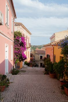 a cobblestone street with potted plants and flowers on either side, in front of pink buildings