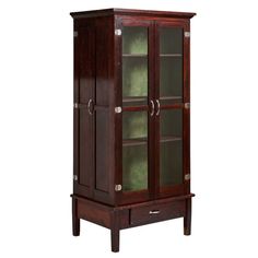 a wooden cabinet with glass doors on the front and bottom shelves in dark brown wood