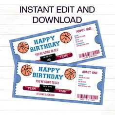 two basketball tickets with the words happy birthday and an image of a basketball on them