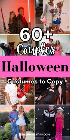 some people are dressed up in costumes and posing for pictures with the words 50 couples halloween costumes to copy