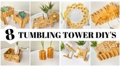 there are many different types of wooden toys in this collage with the words, 8 tumbling tower diy's