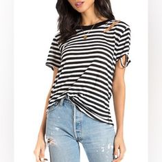 Black And White Striped Tee With A Distressed Crewneck. Short Sleeves With Slashes At The Cuff, Side Exposed Seams And Rolled Raw-Edge Hem With Slash Detail. White Mock Neck Top, Distressed Sweatshirt, Distressed Tee, Boxy Tee, Sleeveless Tee, Striped T Shirt, Distressed Shorts, Grey Tee, Short Sleeve Bodysuit