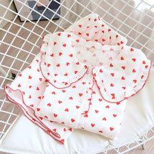 Women's Short Sleeve Japanese 2 Piece Pajama Set — Original Pajamas Casual Heart Print Sets For Spring, Cute White Sets With Heart Print, White Heart Print Blouse For Summer, Cute Long Sleeve Summer Sleepwear, Red Tops For Pajama Party In Spring, Cute Long Sleeve Sleepwear For Summer, White Heart Print Sets For Summer, Red Tops For Spring Pajama Party, Casual Spring Heart Print Sets