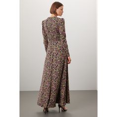 Multicolor floral crepe (100% Polyester). Column. Long sleeves. Crewneck. Back zipper closure. 58" from shoulder to hemline. Imported. Full Length Fitted Floral Print Dresses, Fitted Full Length Floral Print Dress, Fitted Floral Print Full-length Maxi Dress, Floor-length Floral Print Midi Dress For Fall, Fitted Printed Maxi Dress For Work, Formal Floral Print Maxi Dress For Fall, Formal Fall Floral Print Maxi Dress, Fall Evening Maxi Dress With Floral Print, Floral Gown