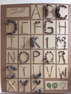 an art project with letters made out of beads and pine cones on the bottom half of each letter