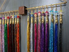 Free Wall Display Included With Hair Tinsel Salon Kits 18 - Etsy Glitter Hair Strands, Tinsel Wall, Glitter Hair Extensions, Hair Bling, 3d Hair, Jewelry Booth, Hair Salon Decor, Hair Tinsel, Colors Wall