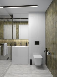 a modern bathroom with tiled walls and floor