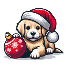 a dog wearing a santa hat and holding a christmas ornament in its paws