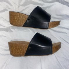 Rogue Shoes, Size 7, Platform, Thick Black Strap, Tan Sole, Never Worn Casual Sandals With Round Toe And Contrast Sole, Casual Slip-on Sandals With Contrast Sole, Black Leather Sandals With Contrast Sole, Black Sandals With Ortholite Insole And Round Toe, Black Wedge Heel Sandals With Textured Sole, Black Textured Sole Slip-on Wedge Sandals, Womens Shoes Wedges, Black Tan, Black And Tan