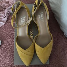 Never Worn Mustard, Yellow Size 8 Franco Sarto Small Wedge Heel Chic Yellow Leather Wedge Sandals, Chic Yellow Ankle Strap Wedge Sandals, Yellow Wedge Heels With Heel Strap, Elegant Yellow Platform Heels, Yellow Wedge Heel Sandals With Heel Strap, Chic Yellow Round Toe Wedge Sandals, Chic Yellow High Heel Wedge Sandals, Chic Yellow Wedge Sandals For Party, Franco Sarto Shoes