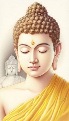 a painting of buddha with his eyes closed and head turned to the side, in front of a white background