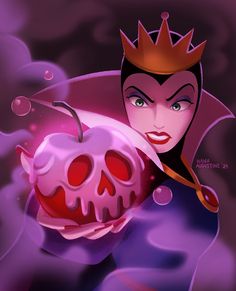 an evil queen holding a skull in her hand