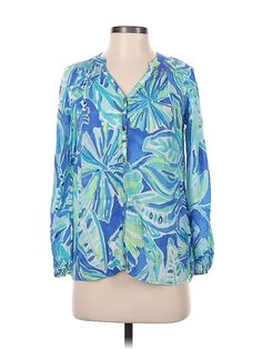 Lilly Pulitzer 3/4 Sleeve Blouse Size: 2X-Small Tops - used. 100% RAYON, Tropical | Lilly Pulitzer 3/4 Sleeve Blouse: Blue Tropical Tops - Size 2X-Small Green 3/4 Sleeve Blouse For Vacation, Vacation Printed Blouse With 3/4 Sleeves, Green Blouse With 3/4 Sleeves For Vacation, Blue 3/4 Sleeve Printed Blouse, Blue Printed Blouse With 3/4 Sleeves, Blue 3/4 Sleeve Tops For Beach, Blue 3/4 Sleeve Tops For The Beach, Blue Tops With 3/4 Sleeve For Beach, Blue Tops With 3/4 Sleeves For Vacation