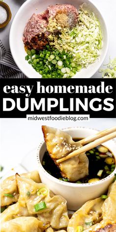 dumplings with chopsticks and vegetables are served in white bowls on a table