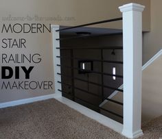 an open garage door with the words modern stair rail diy makeover