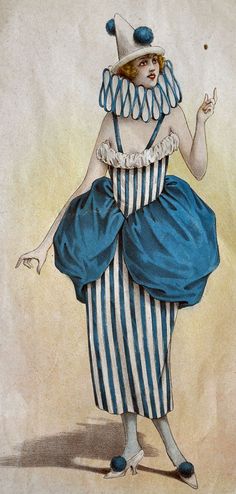 an illustration of a woman dressed in blue and white striped clothing with a hat on her head