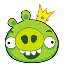 a green angry bird with a crown on top of it's head and eyes