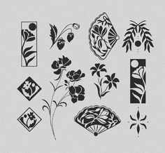 various flower designs are shown in black and white